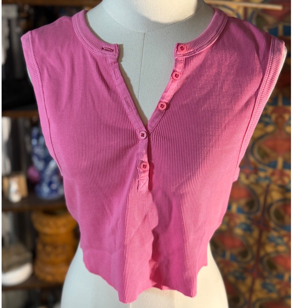 BDG Urban Outfitters Pink Ribbed Henley Tank Top Sleeveless Crop Large L-G